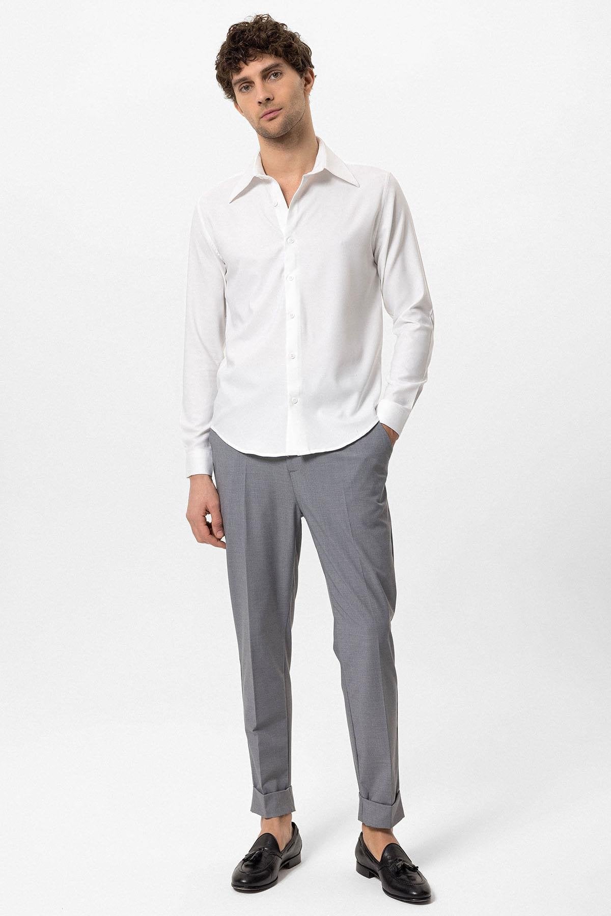 Men's White Slim Fit Long Sleeve Wide Collar Shirt