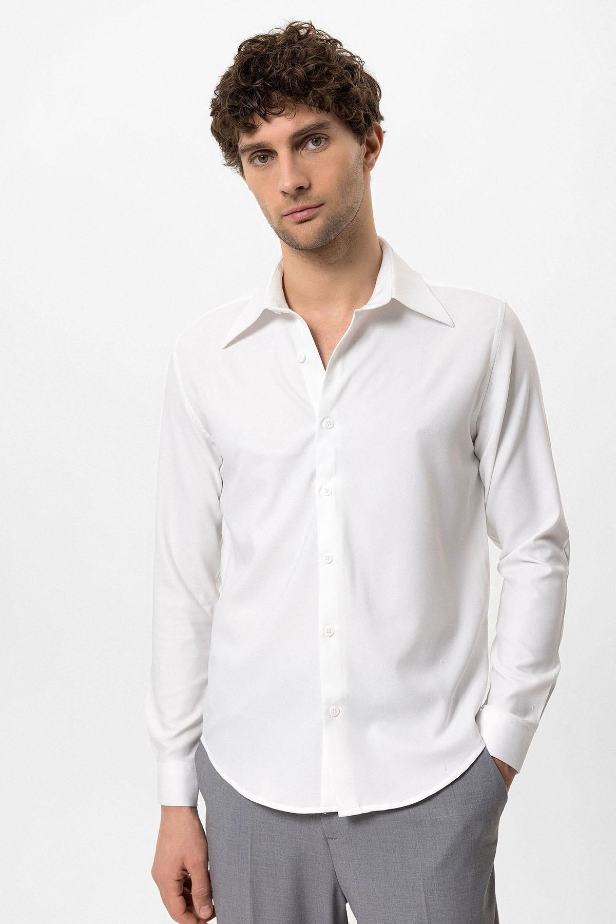 Men's White Slim Fit Long Sleeve Wide Collar Shirt -