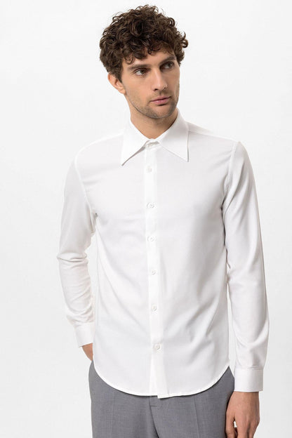 Men's White Slim Fit Long Sleeve Wide Collar Shirt