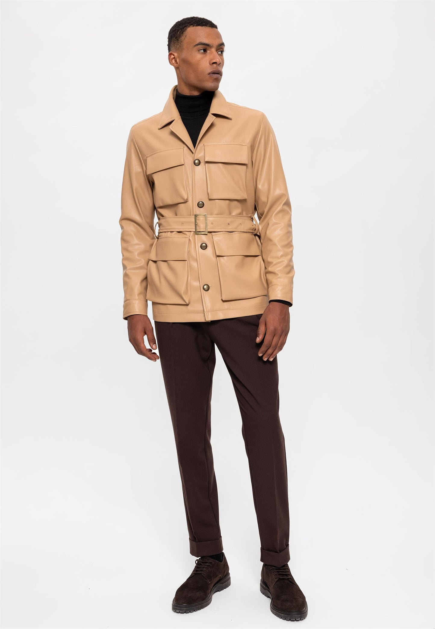 Men's Beige Slim Fit Belted Faux Leather Coat