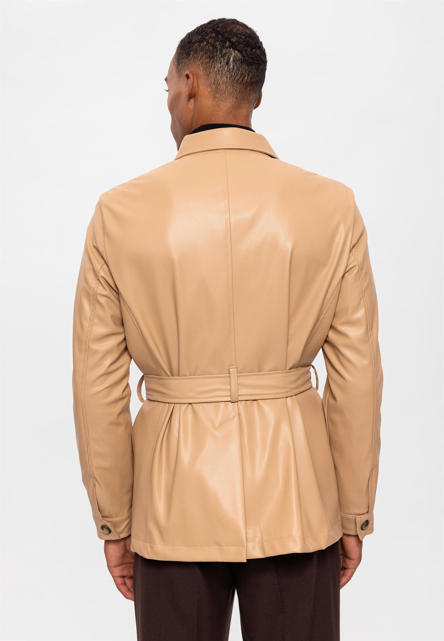 Men's Beige Slim Fit Belted Faux Leather Coat