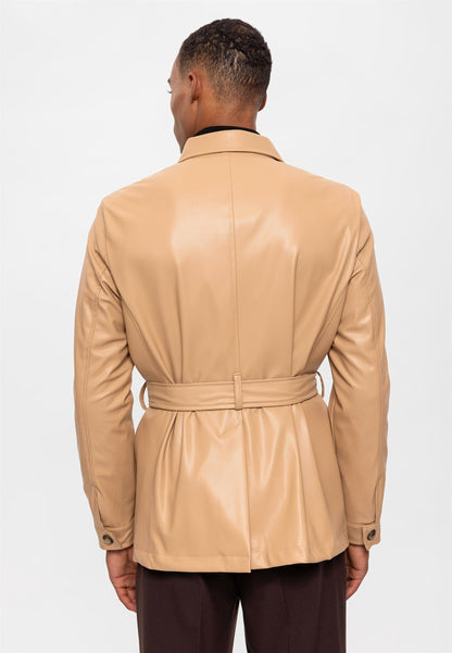 Men's Beige Slim Fit Belted Faux Leather Coat