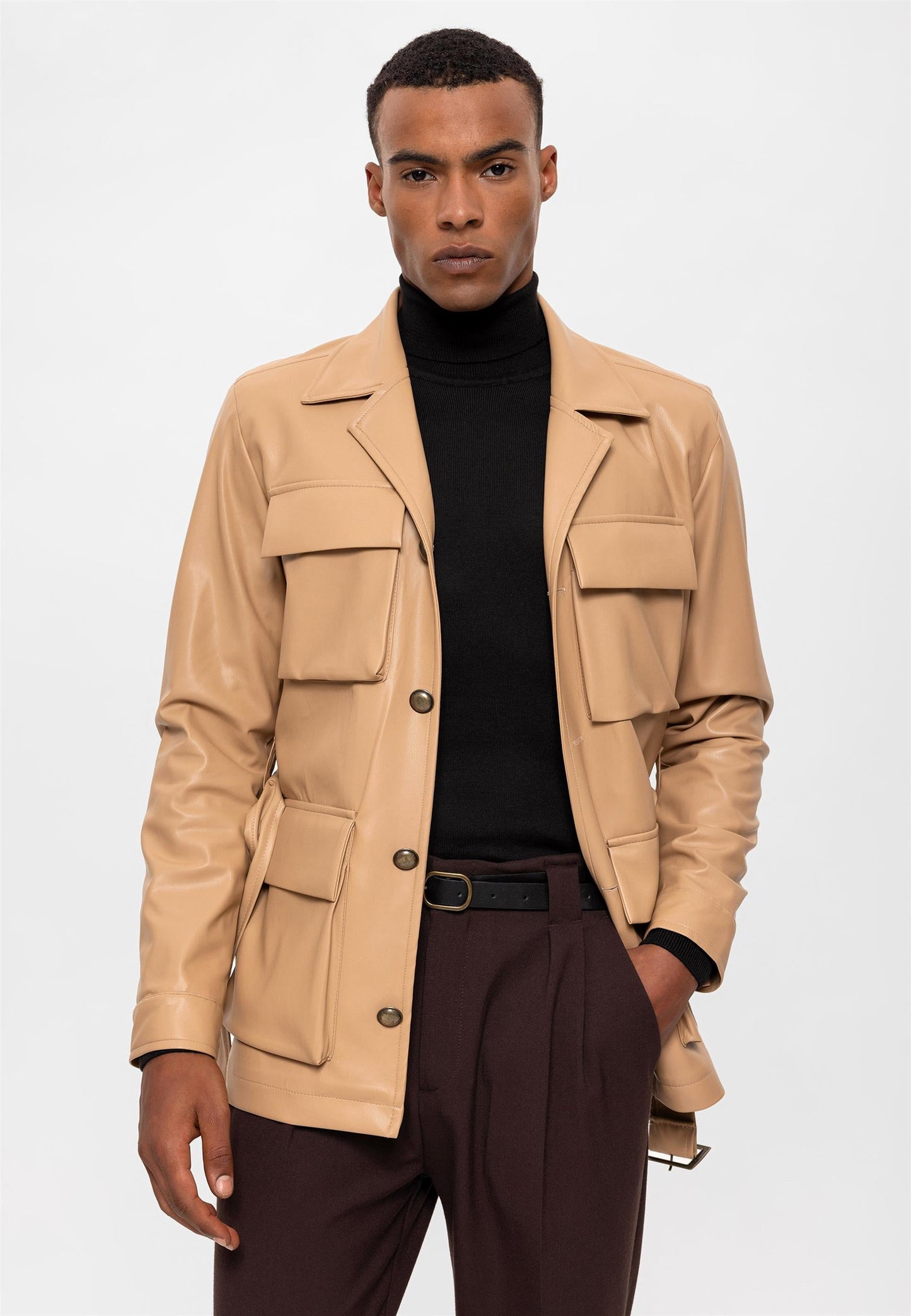 Men's Beige Slim Fit Belted Faux Leather Coat