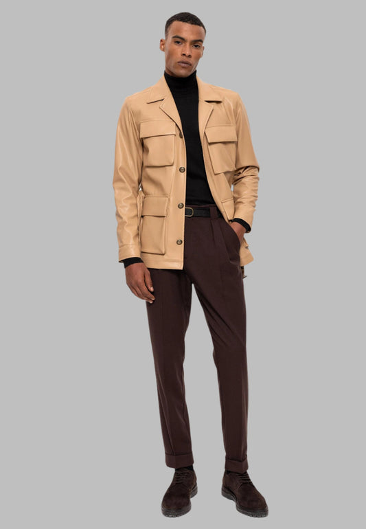 Men's Beige Slim Fit Belted Faux Leather Coat