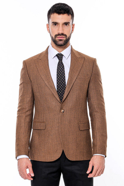Slim Fit Patterned Light Brown Men Blazer -