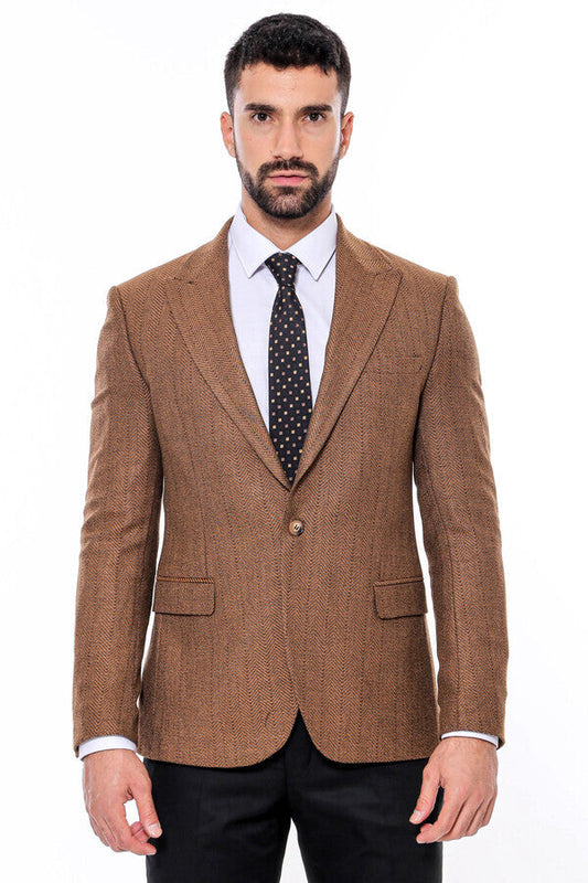 Slim Fit Patterned Light Brown Men Blazer -