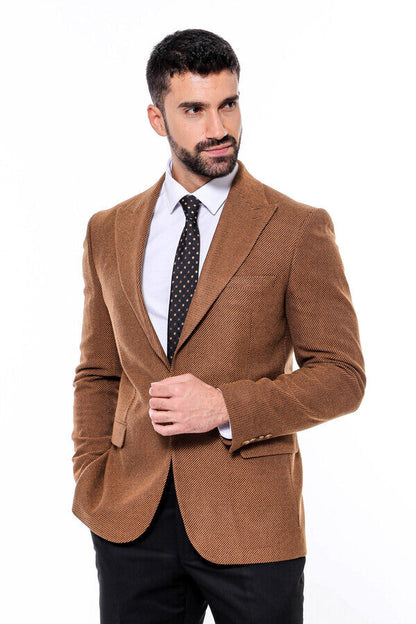 Slim Fit Patterned Tawny Men Blazer -