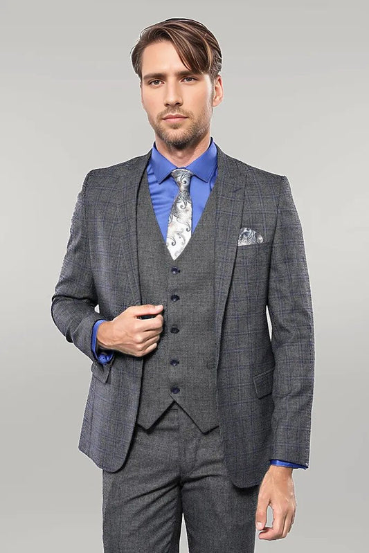 KOALA SYDNEY  Plaid Slim-Fit Black 3 Piece Suit |
