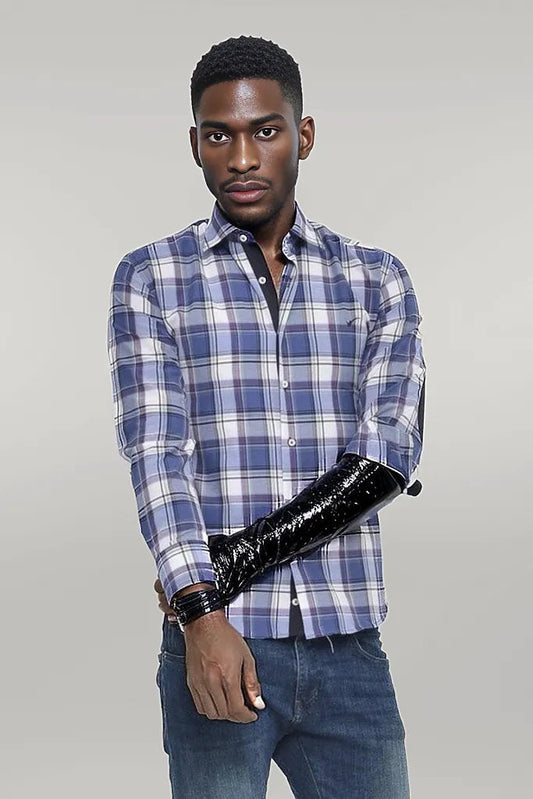Slim Fit Plaid Patterned Navy Blue Shirt