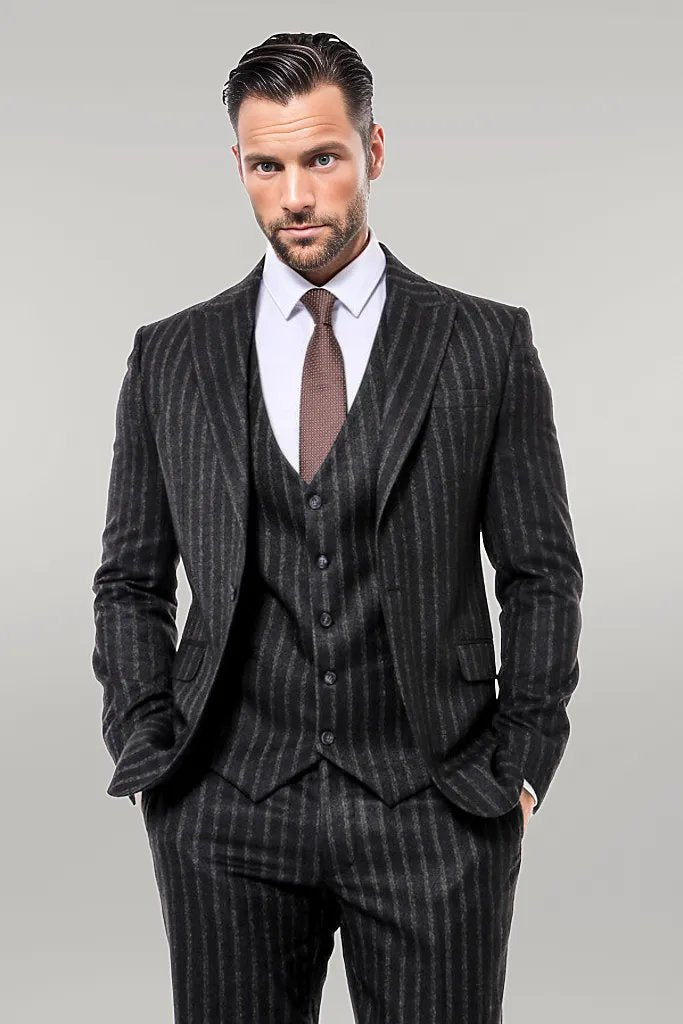 KOALA SYDNEY  Striped Black Slim-Fit Vested Men's Suit -