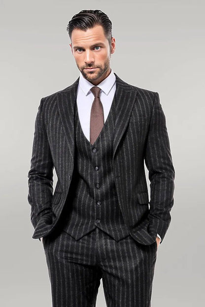 KOALA SYDNEY  Striped Black Slim-Fit Vested Men's Suit -