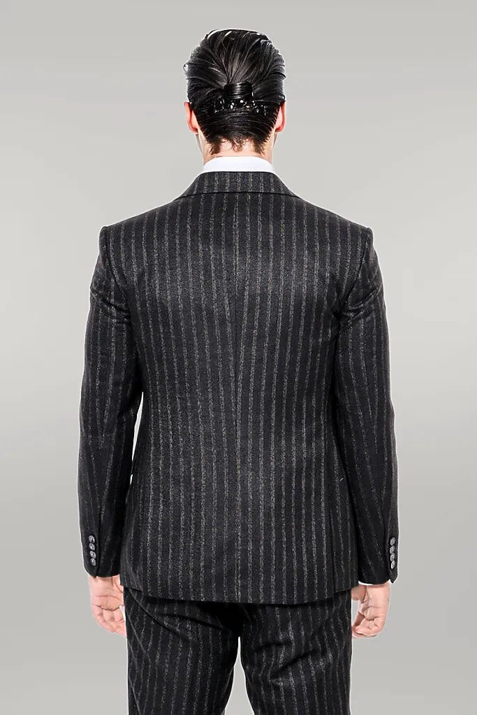 KOALA SYDNEY  Striped Black Slim-Fit Vested Men's Suit -