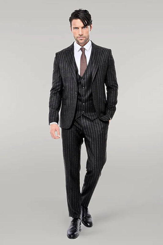 KOALA SYDNEY  Striped Black Slim-Fit Vested Men's Suit -