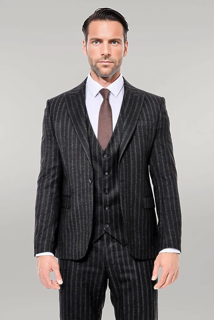 KOALA SYDNEY  Striped Black Slim-Fit Vested Men's Suit -