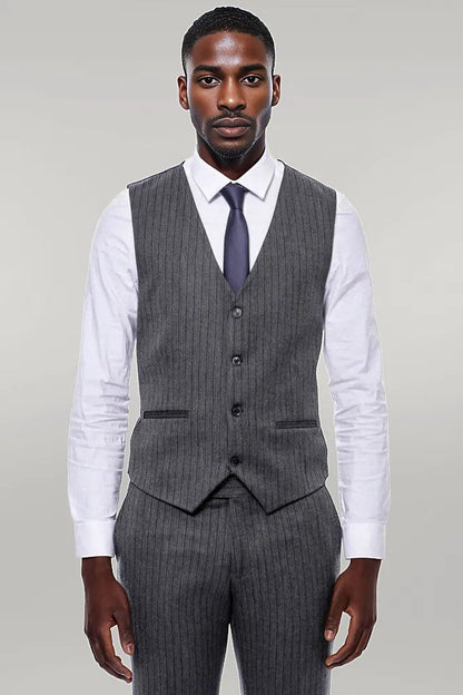Striped Navy Blue Vested Suit -