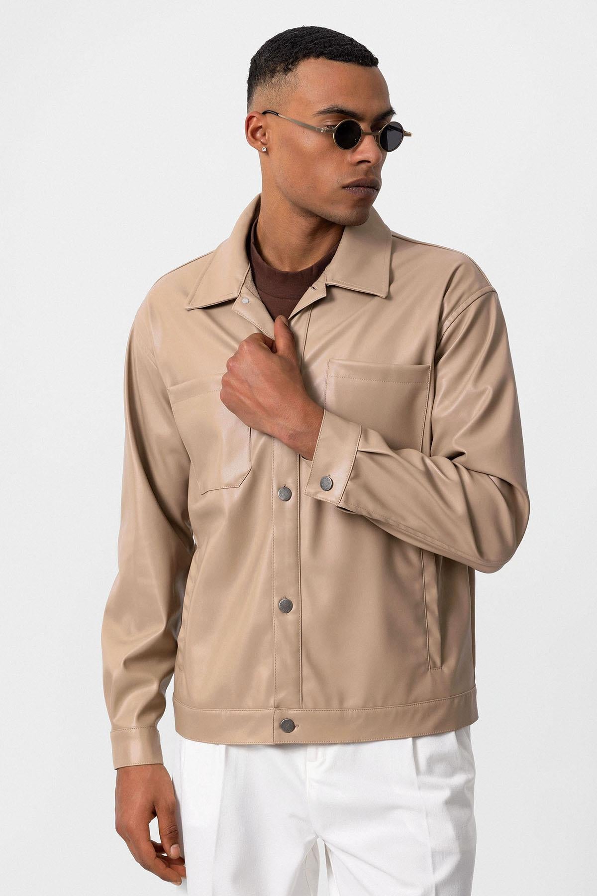 Men's Camel Faux Leather Thin Coat