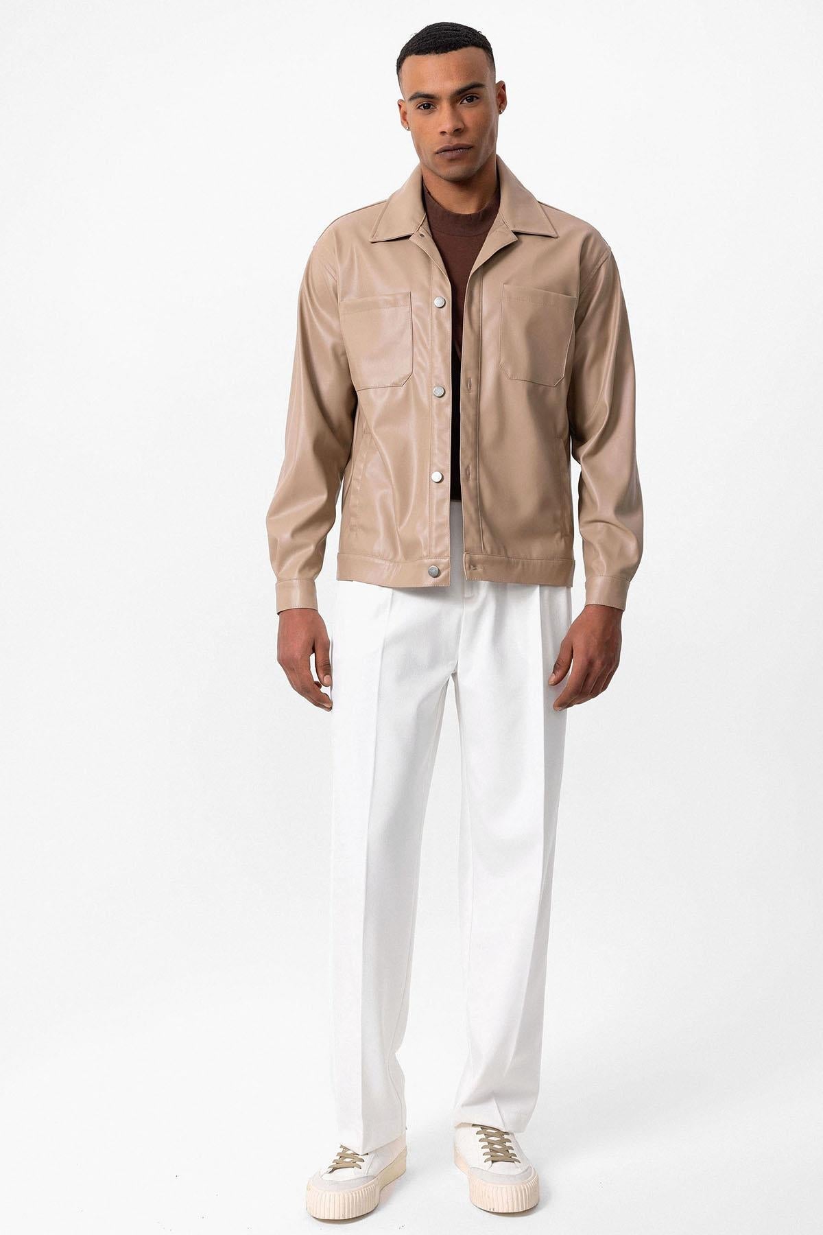 Men's Camel Faux Leather Thin Coat