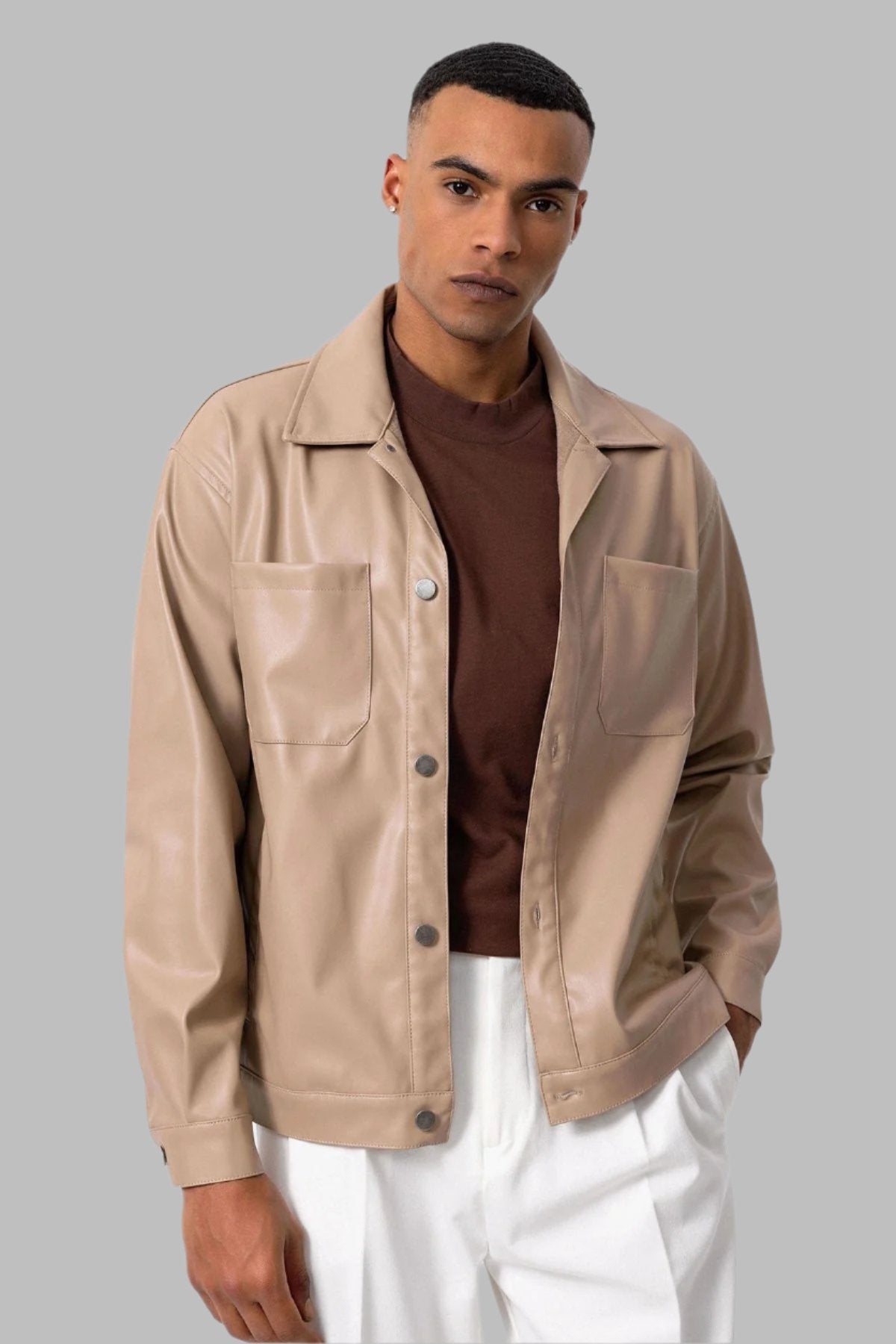 Men's Camel Faux Leather Thin Coat