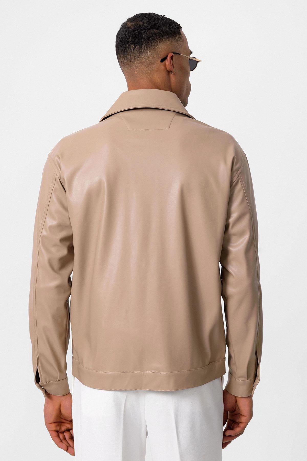 Men's Camel Faux Leather Thin Coat