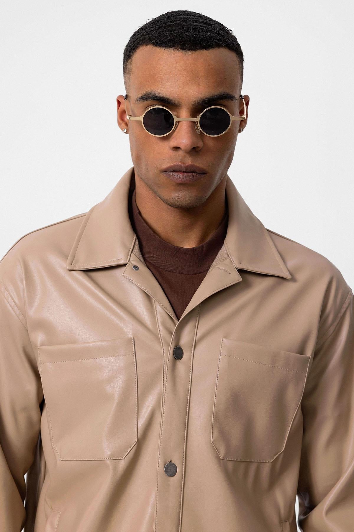 Men's Camel Faux Leather Thin Coat