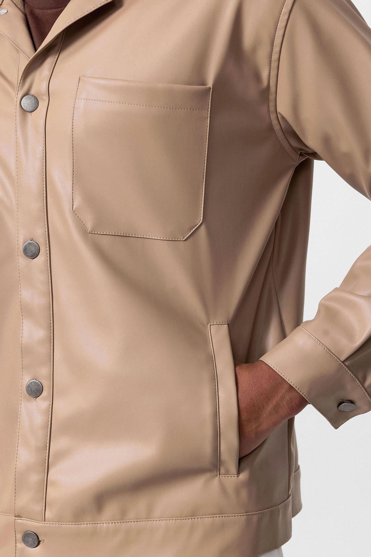 Men's Camel Faux Leather Thin Coat