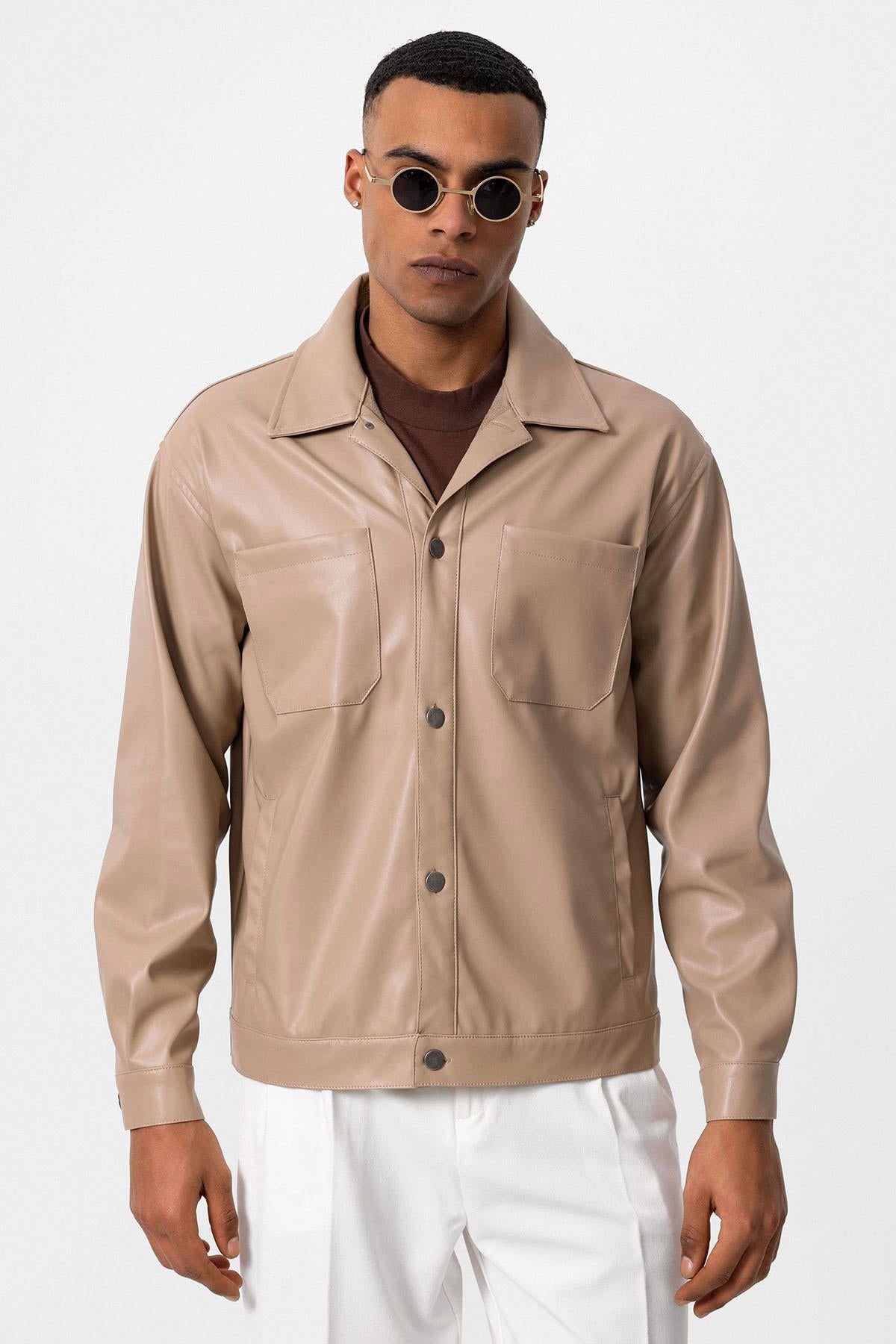 Men's Camel Faux Leather Thin Coat