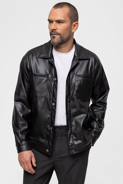 Men's Black Faux Leather Thin Coat