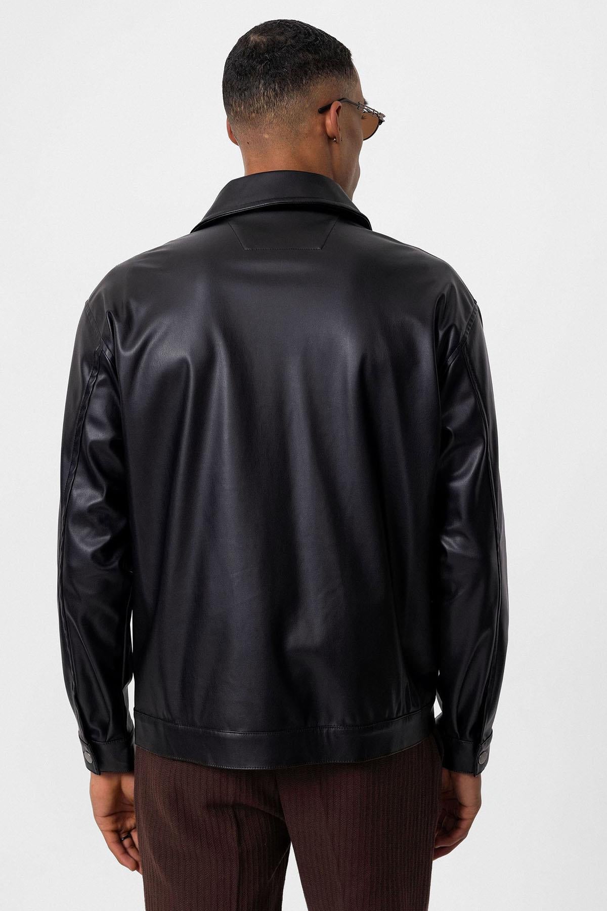 Men's Black Faux Leather Thin Coat