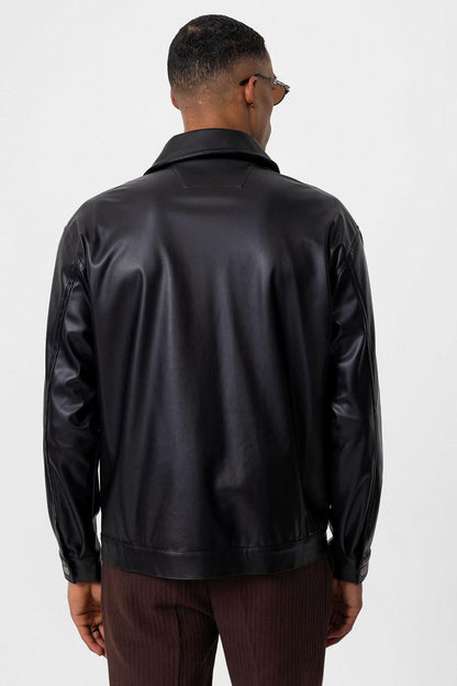 Men's Black Faux Leather Thin Coat