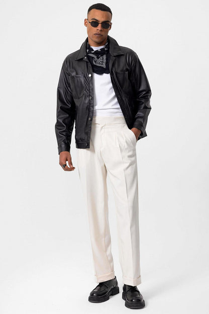 Men's Black Faux Leather Thin Coat