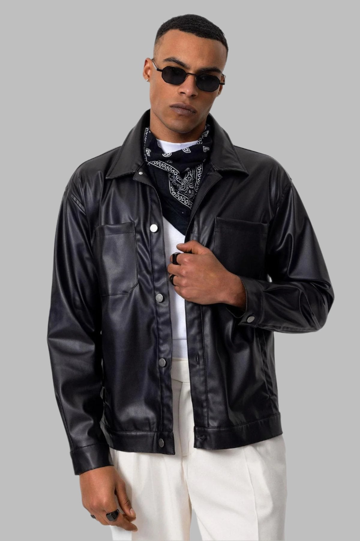 Men's Black Faux Leather Thin Coat