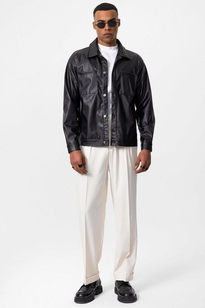 Men's Black Faux Leather Thin Coat