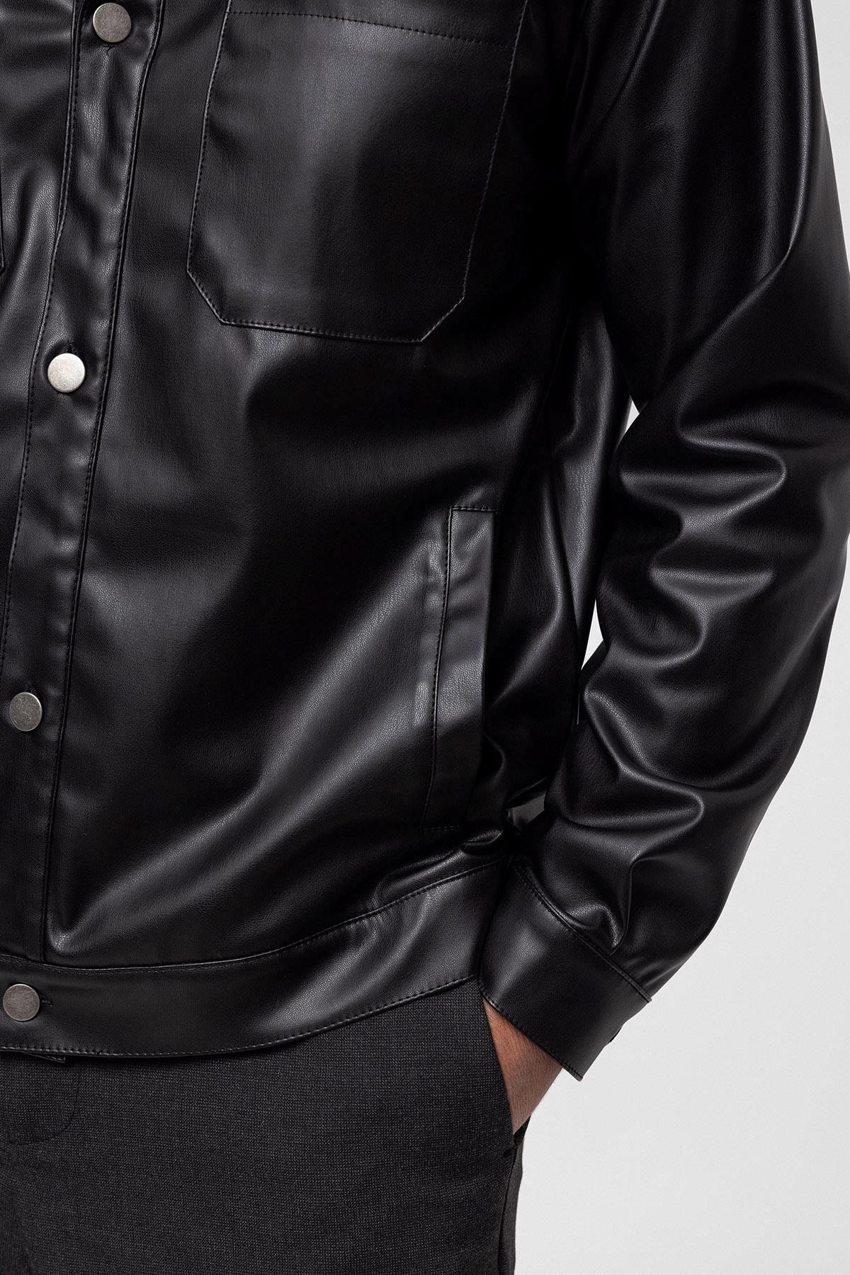 Men's Black Faux Leather Thin Coat