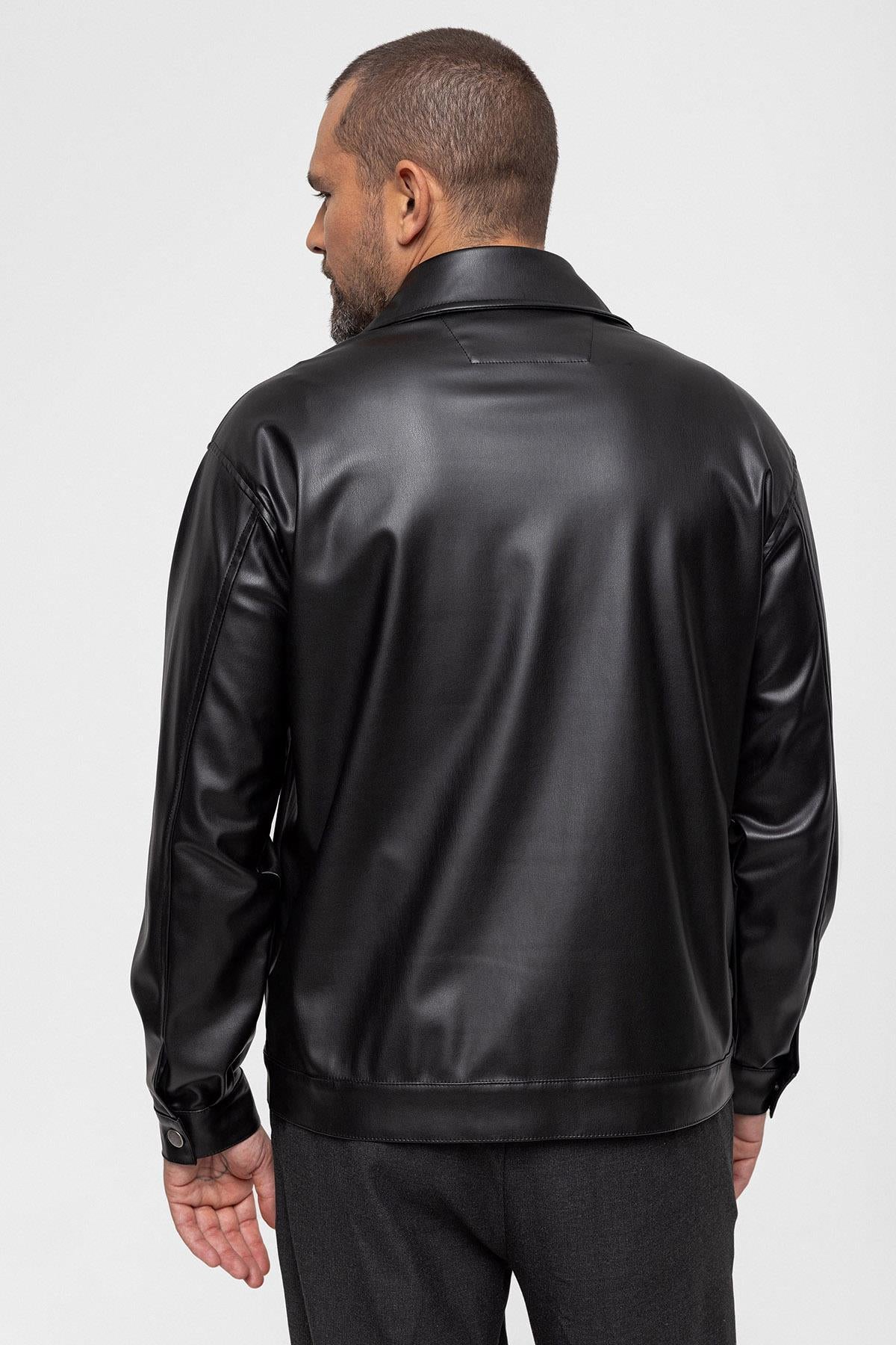 Men's Black Faux Leather Thin Coat