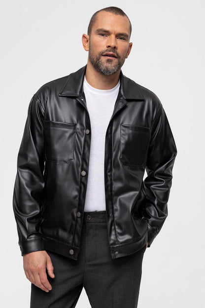 Men's Black Faux Leather Thin Coat