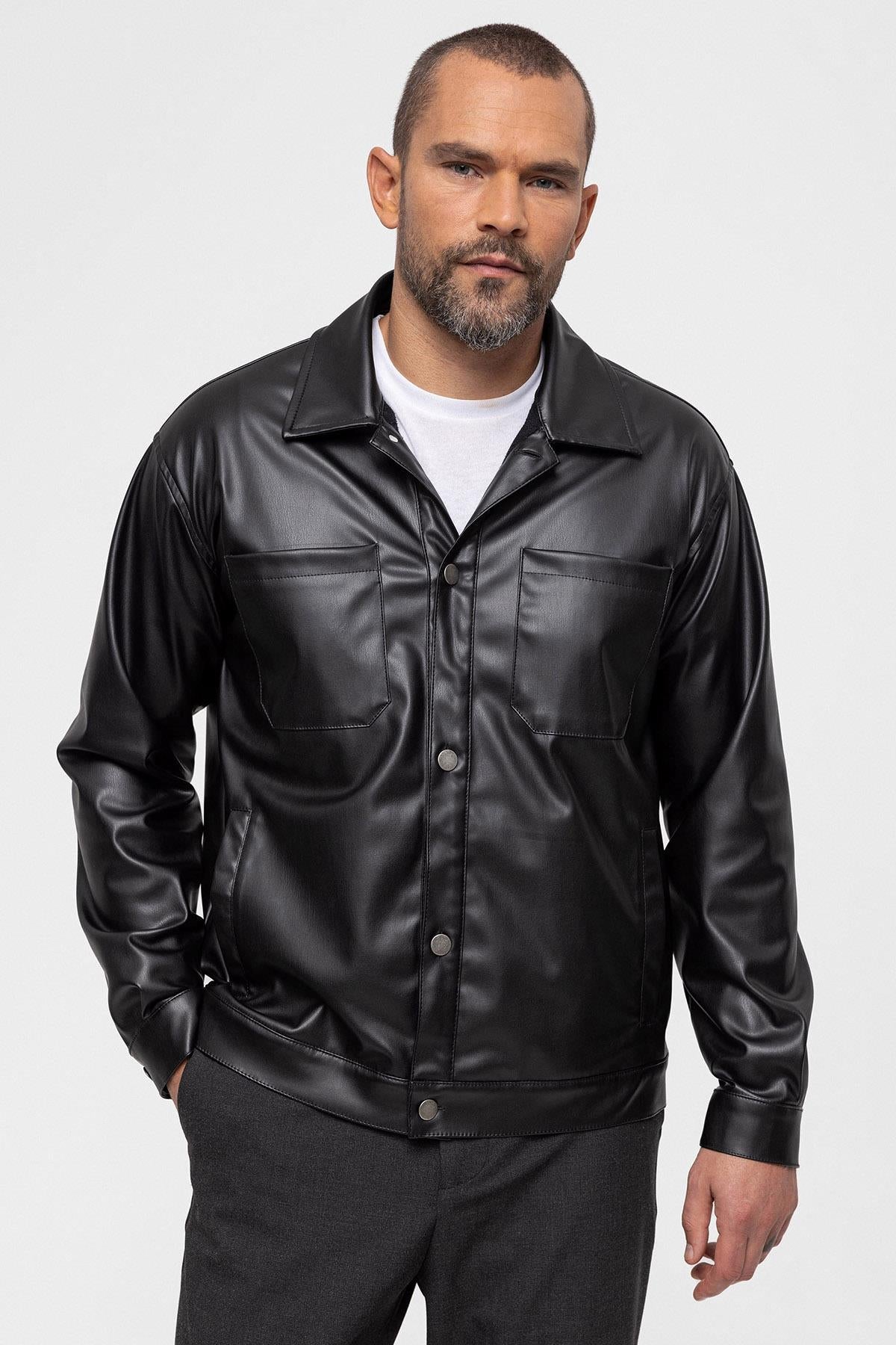 Men's Black Faux Leather Thin Coat