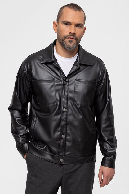 Men's Black Faux Leather Thin Coat