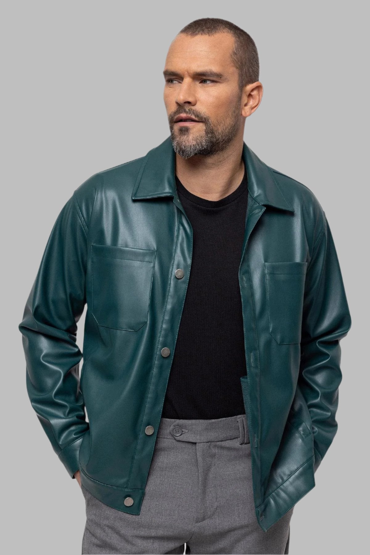 Men's Green Faux Leather Thin Coat