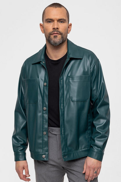 Men's Green Faux Leather Thin Coat