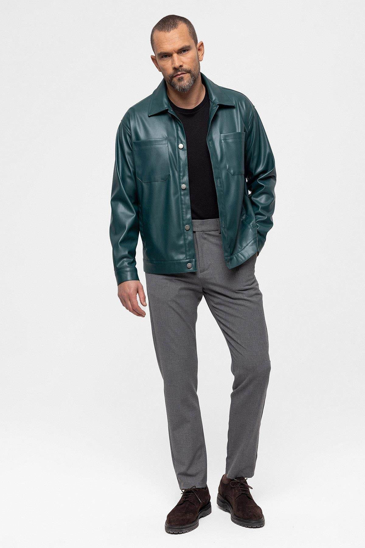 Men's Green Faux Leather Thin Coat