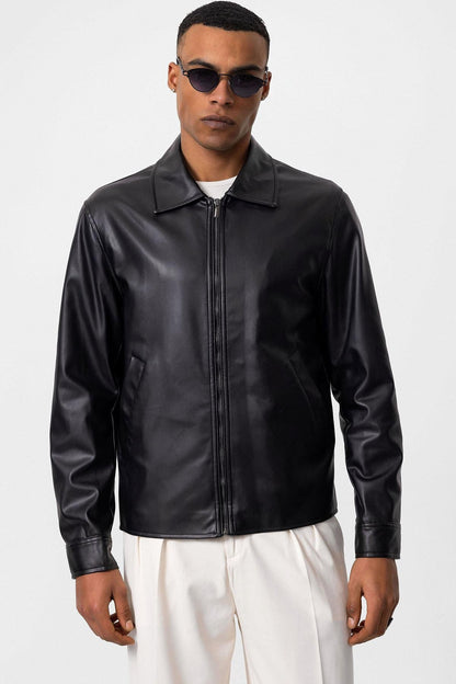 Men's Black Faux Leather Coat
