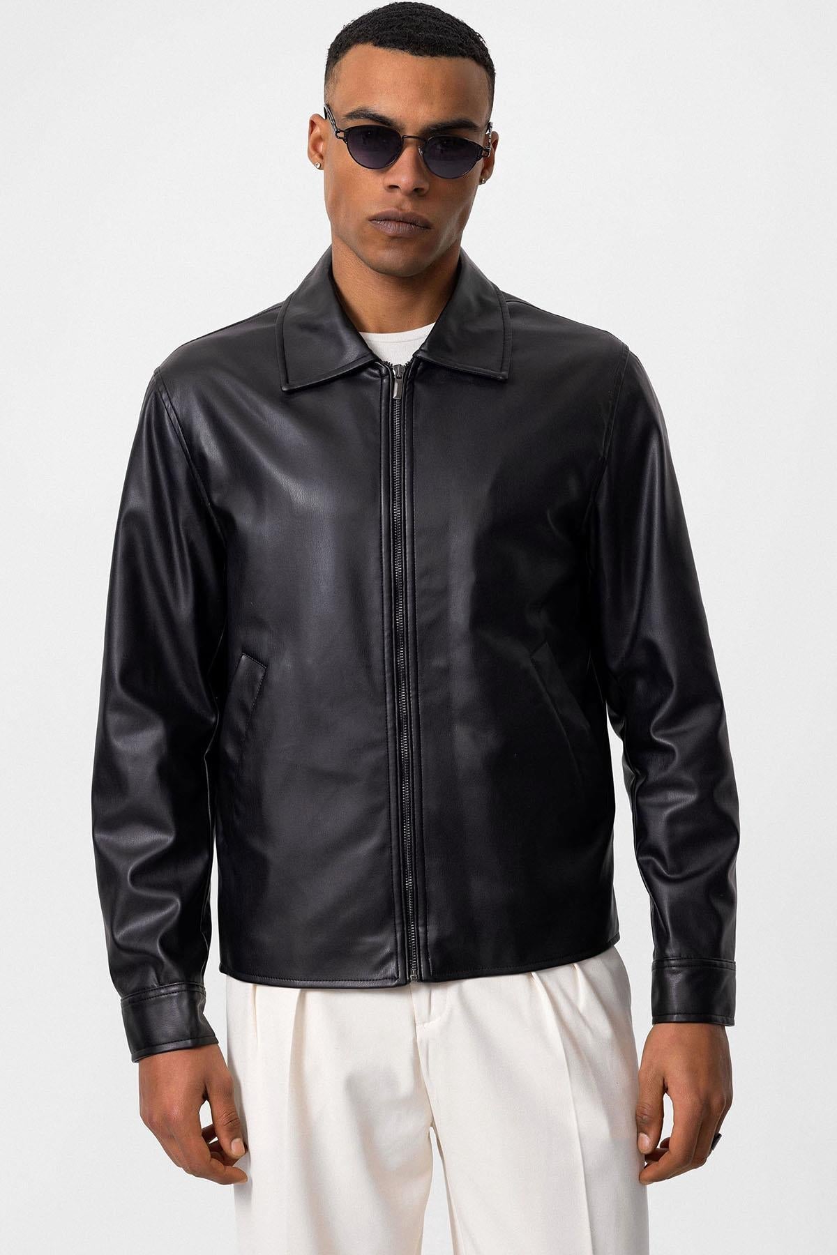 Men's Black Faux Leather Coat