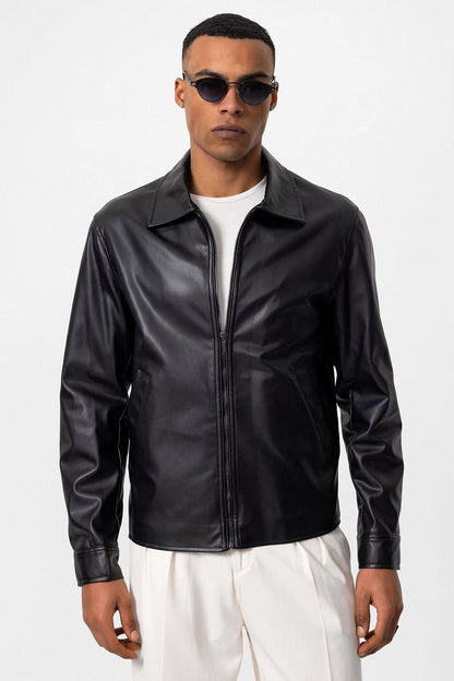 Men's Black Faux Leather Coat