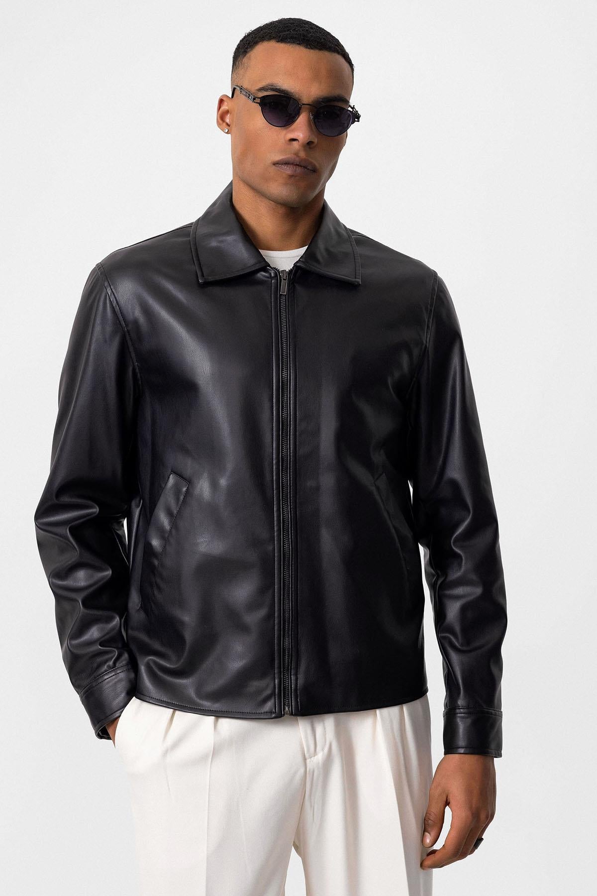 Men's Black Faux Leather Coat