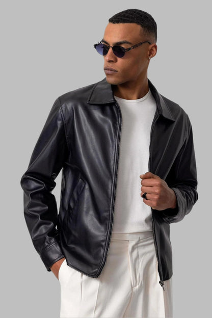 Men's Black Faux Leather Coat