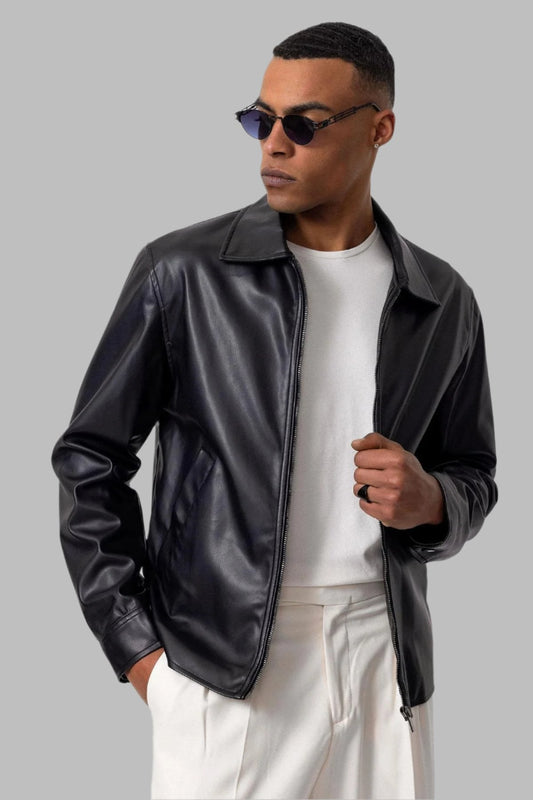 Men's Black Faux Leather Coat