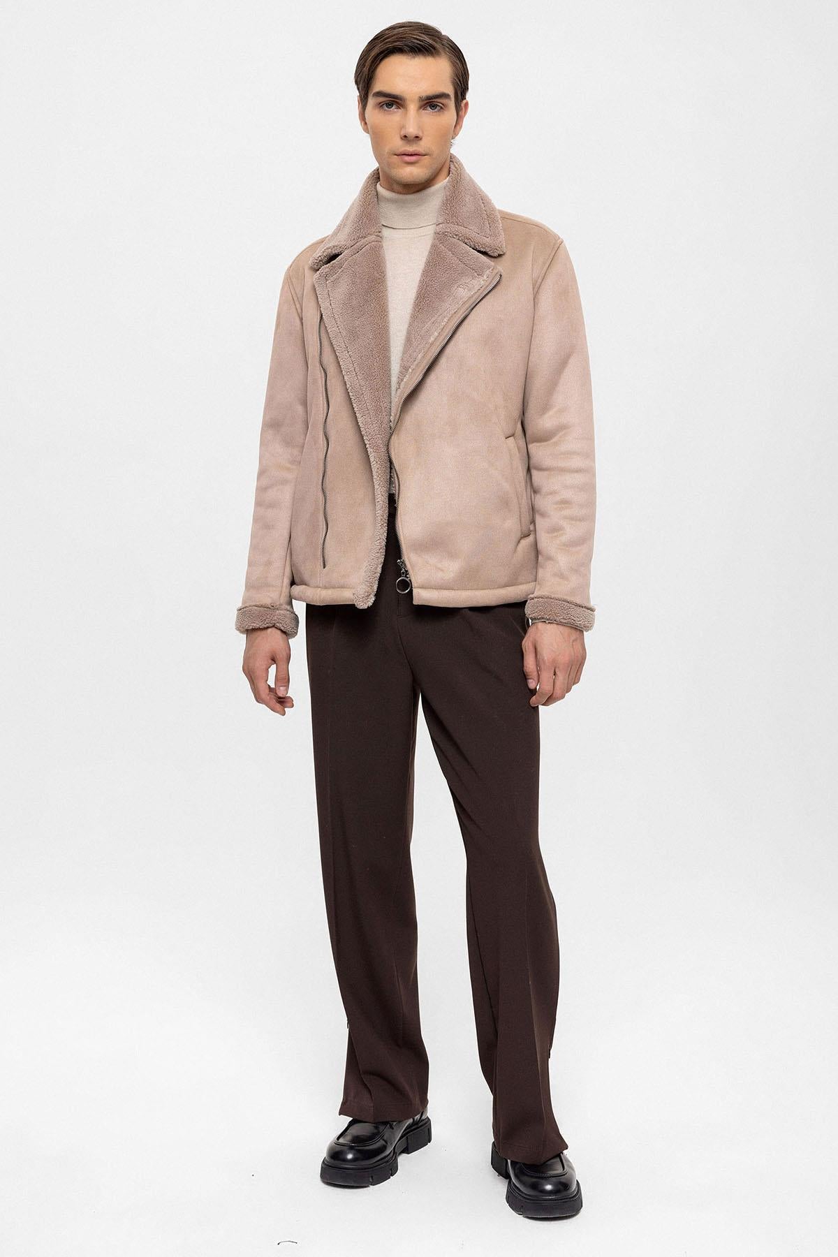 KOALA SYDNEY  Men's Stone Faux Shearling Lined Suede Jacket -