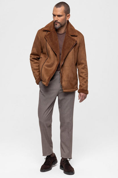 Men's Tan Faux Shearling Lined Suede Jacket