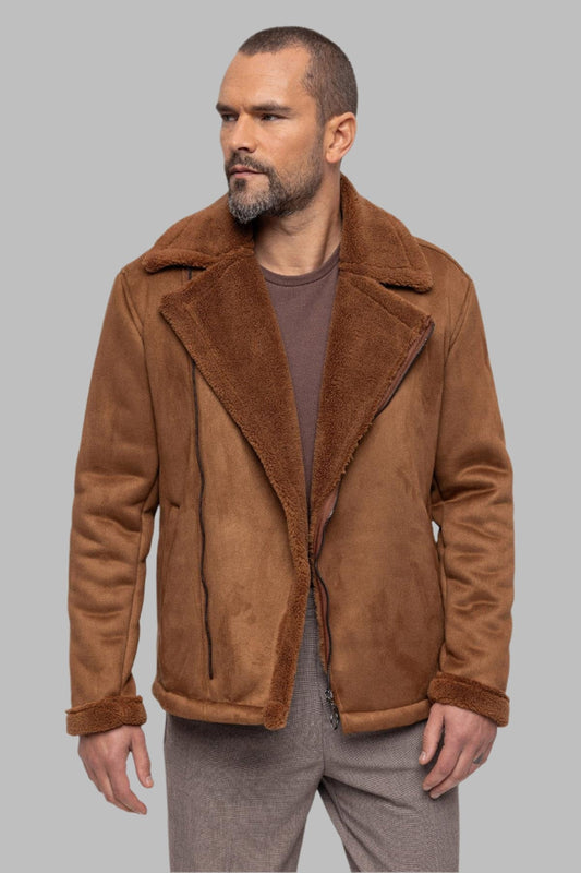 Men's Tan Faux Shearling Lined Suede Jacket
