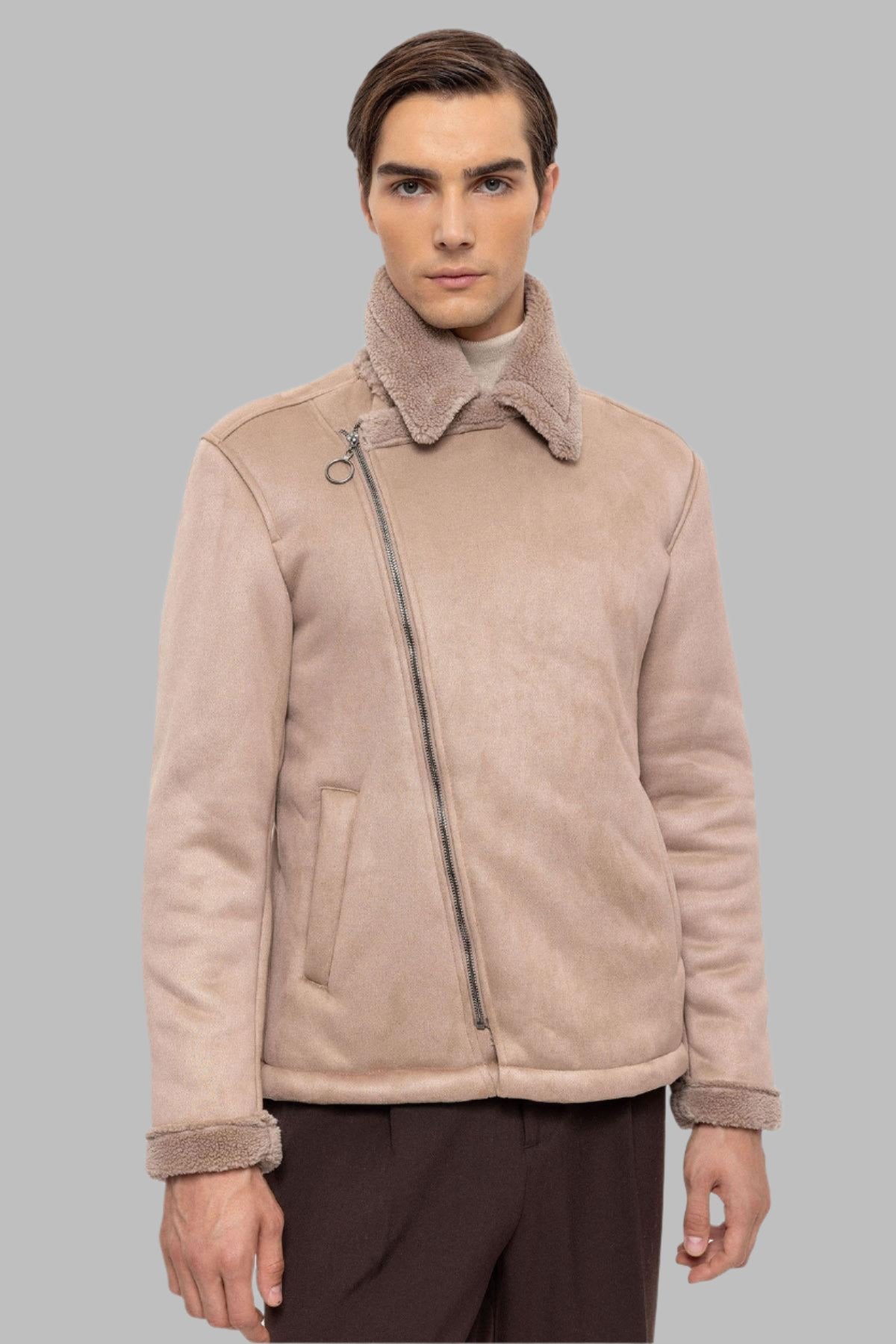 KOALA SYDNEY  Men's Stone Faux Shearling Lined Suede Jacket -